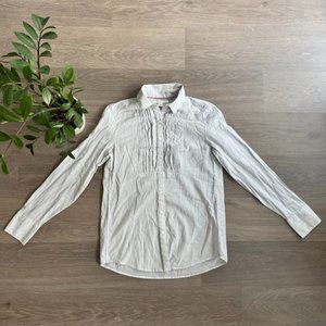 Banana Republic Light Grey & White Striped Blouse with Ruffle Front Detail